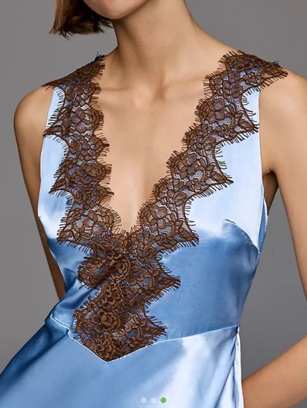 Anthropologie Blue Brown Lace V-Neck Satin Midi Slip Dress Medium - Picture 3 of 5